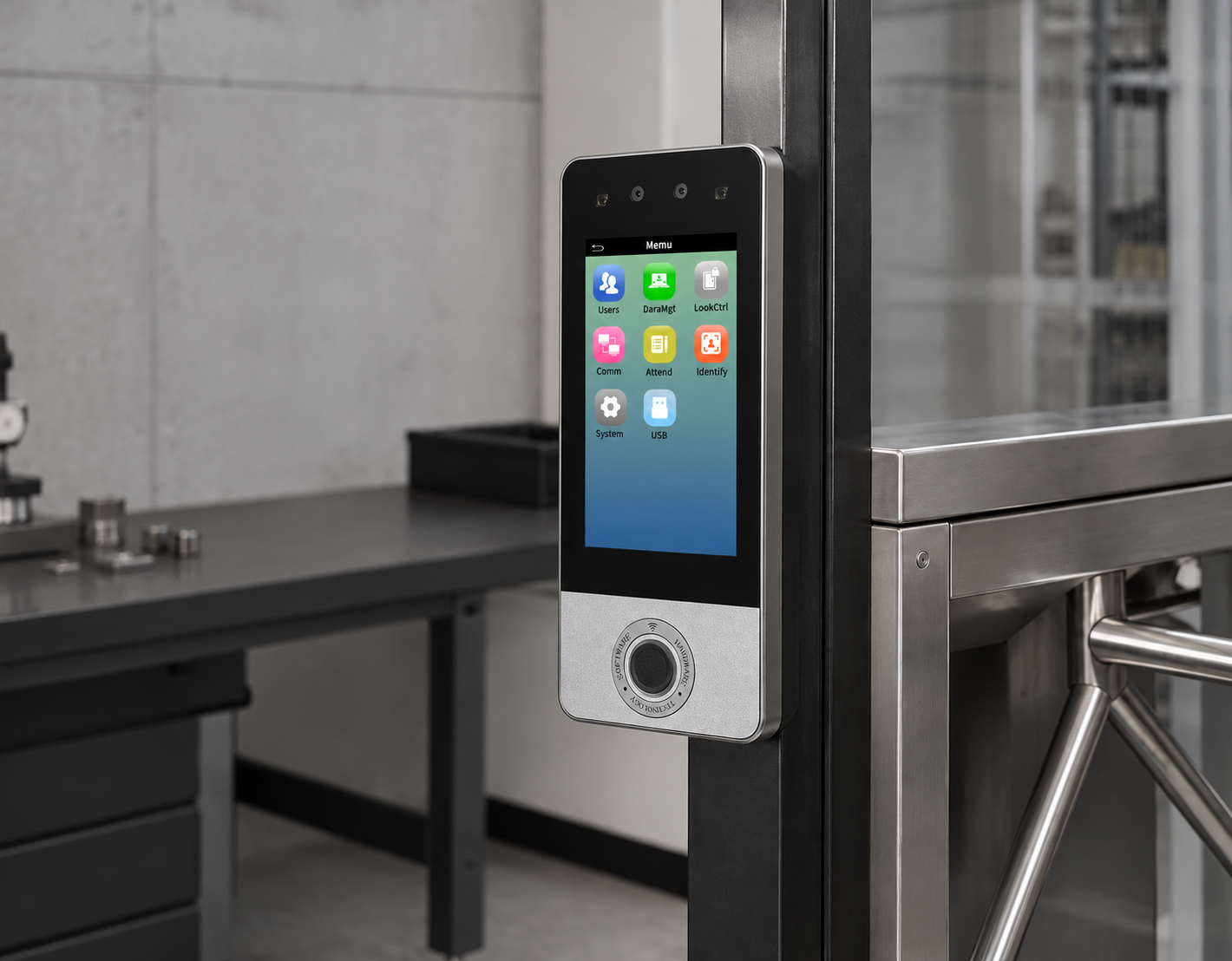 P2 access control terminal mounted on a stainless-steel entry pillar in a quality inspection setting